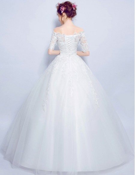 Cheap Off Shoulder Sleeved Ball Gown Wedding Dress With Lace Beading