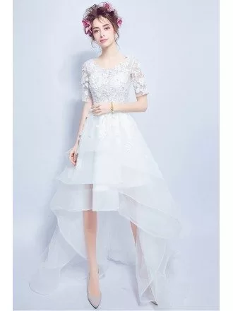 High Low Tier Tulle Lace Wedding Party Dress With 1/2 Sleeves
