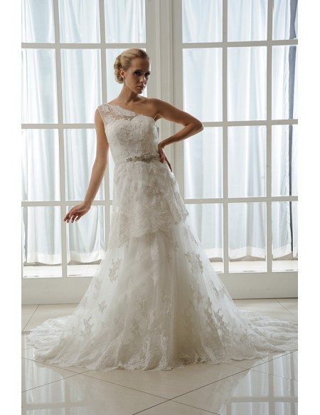 A-Line One Shoulder Court Train Tulle Wedding Dress With Beading Appliques Lace