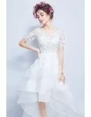 High Low Tier Tulle Lace Wedding Party Dress With 1/2 Sleeves