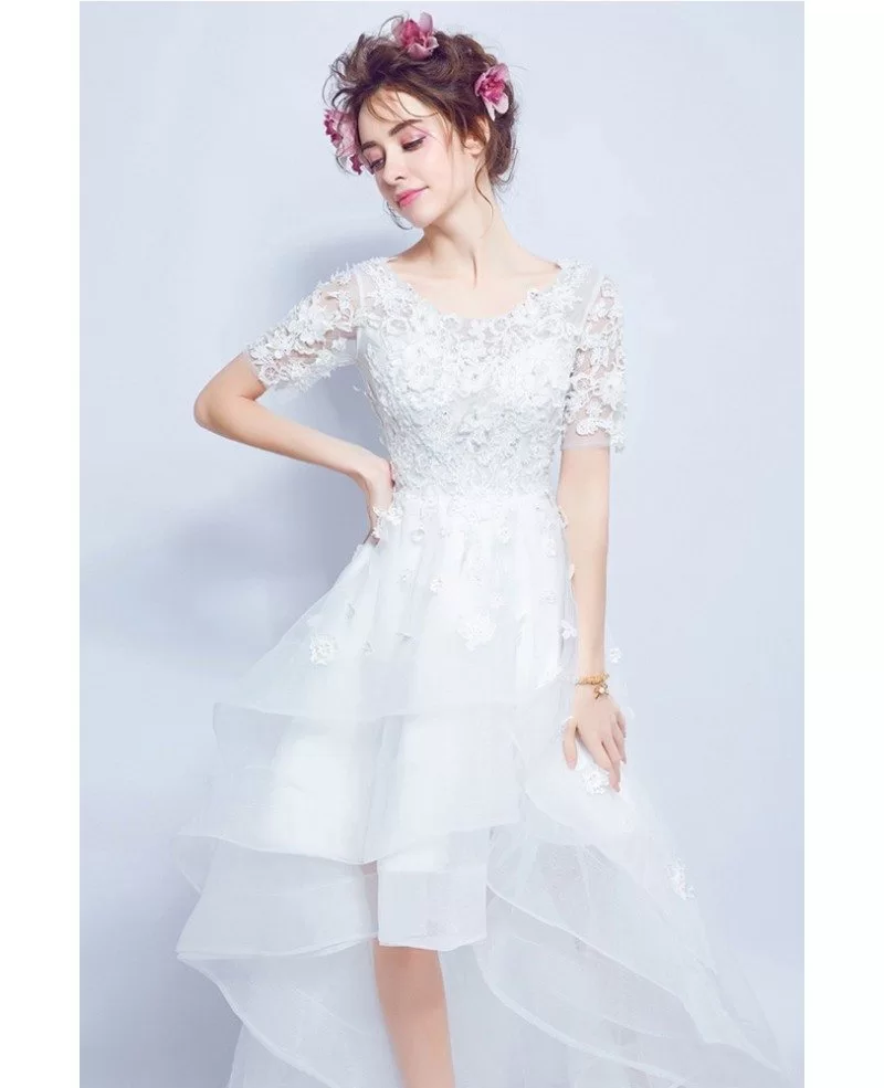 High Low Tier Tulle Lace Wedding Party Dress With 1/2 Sleeves Wholesale ...