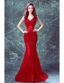 Beautiful Red Mermaid Train Formal Party Dress With Lace Flower