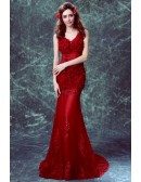 Beautiful Red Mermaid Train Formal Party Dress With Lace Flower