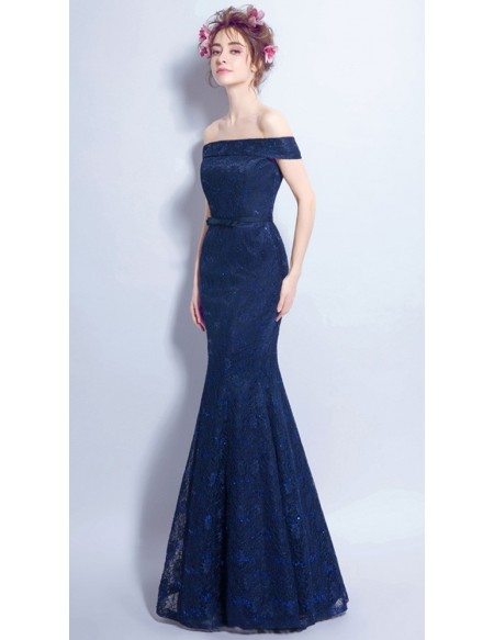 Navy Blue Tight Mermaid Lace Formal Dress With Off Shoulder Straps