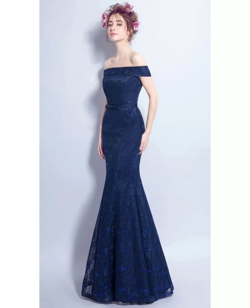 Navy Blue Tight Mermaid Lace Formal Dress With Off Shoulder Straps ...