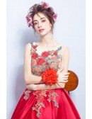 Unique Red Satin Formal Gown Dress Long With Embroidery Flowers