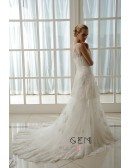 A-Line One Shoulder Court Train Tulle Wedding Dress With Beading Appliques Lace