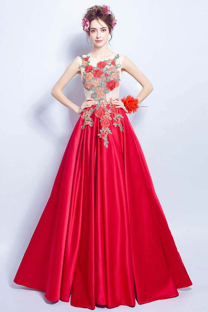 floral red gown