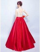 Unique Red Satin Formal Gown Dress Long With Embroidery Flowers