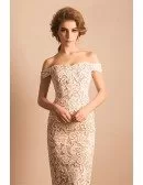 Simple All Lace Ivory Midi Formal Dress With Off Shoulder Straps