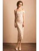 Simple All Lace Ivory Midi Formal Dress With Off Shoulder Straps