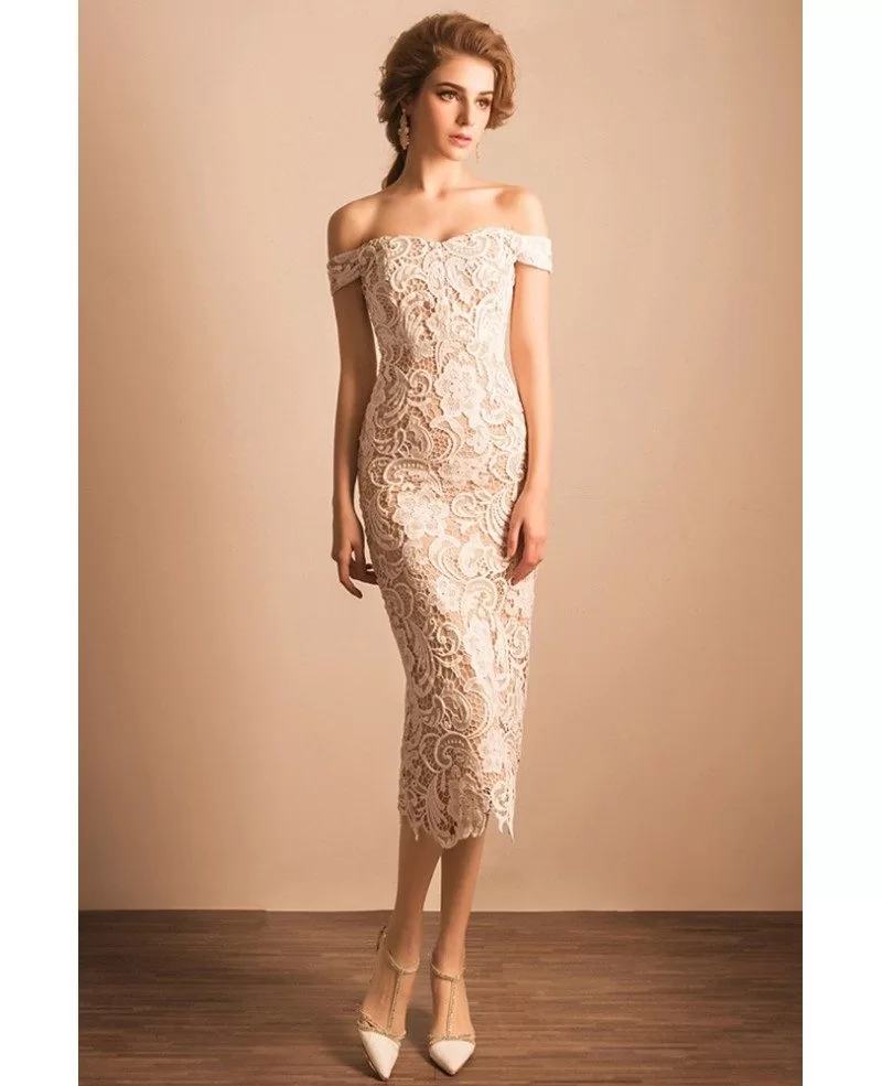 Simple All Lace Ivory Midi Formal Dress ...