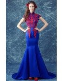 Fit And Flare Royal Blue Retro Formal Dress Train With Red Lace