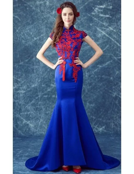 red and blue formal dress