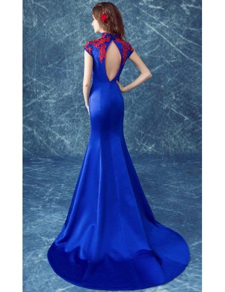 Fit And Flare Royal Blue Retro Formal Dress Train With Red Lace