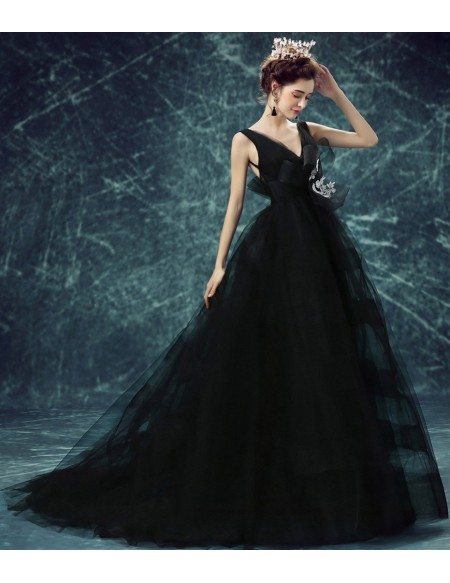 Simple Black Sexy V-neck Formal Party Dress Long Gown With Train