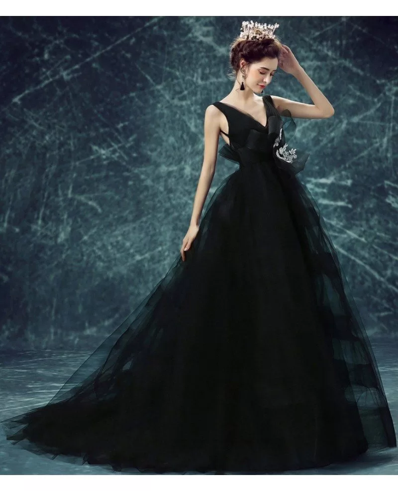 Customizable Plus Size High Neck Deep V Neck Formal Ball Gown With Pockets  Simple Tulle Party Black Backless Prom Dress From Lovemydress, $89.9 |  DHgate.Com