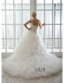 Ball-Gown Sweetheart Chapel Train Organza Wedding Dress With Beading Cascading Ruffles