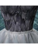 Strapless Grey High Low Feathers Prom Dress With Cascading Ruffles