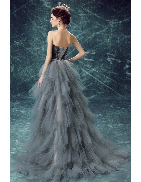 Strapless Grey High Low Feathers Prom Dress With Cascading Ruffles
