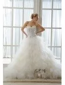 Ball-Gown Sweetheart Chapel Train Organza Wedding Dress With Beading Cascading Ruffles