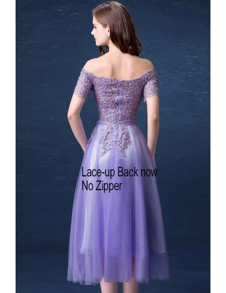 Beautiful Lavender Lace Beading Prom Dress With Off Shoulder Short Sleeves