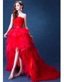 Strapless Red Cascading Ruffled Flower Formal Dress In High Low Style