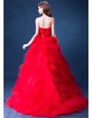 Strapless Red Cascading Ruffled Flower Formal Dress In High Low Style
