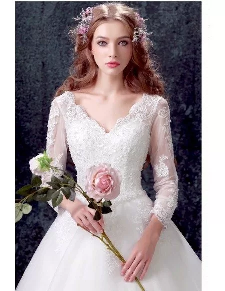 Traditional Lace Beaded Ball Gown Wedding Dress With Long Sleeves