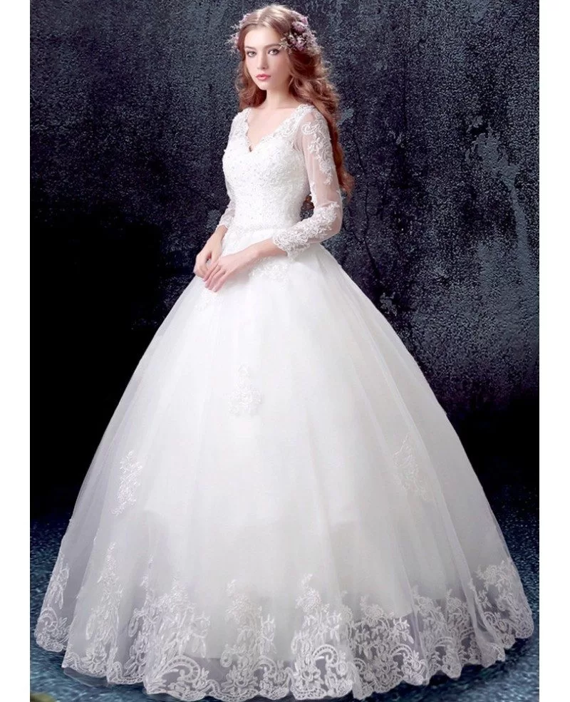 Traditional Lace Beaded Ball Gown Wedding Dress With Long Sleeves Wholesale T69599 GemGrace