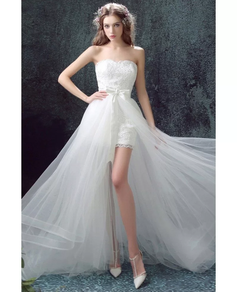 Strapless Lace Short Bridal Dress With Long Detachable Skirt Wholesale T69601 GemGrace