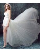 Strapless Lace Short Bridal Dress With Long Detachable Skirt