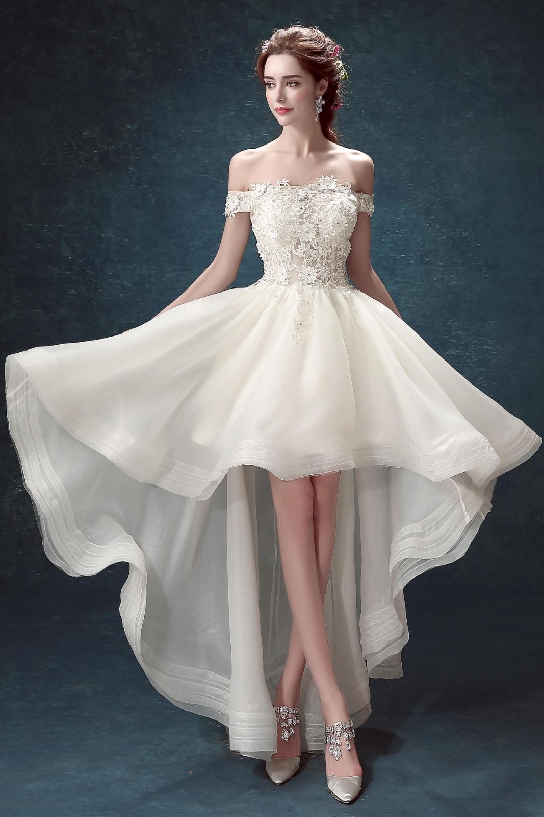 Outstanding Hi Lo Lace Wedding Dress With Off Shoulder Straps Wholesale