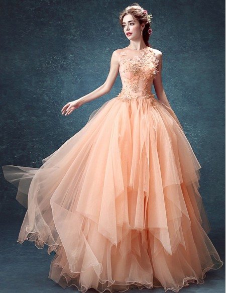 Fairy Orange Ball Gown Pageant Dress With Floral Beading Top