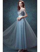 Elegant Ink Blue Sleeve Pleated Prom Dress Long With Sequin Applique