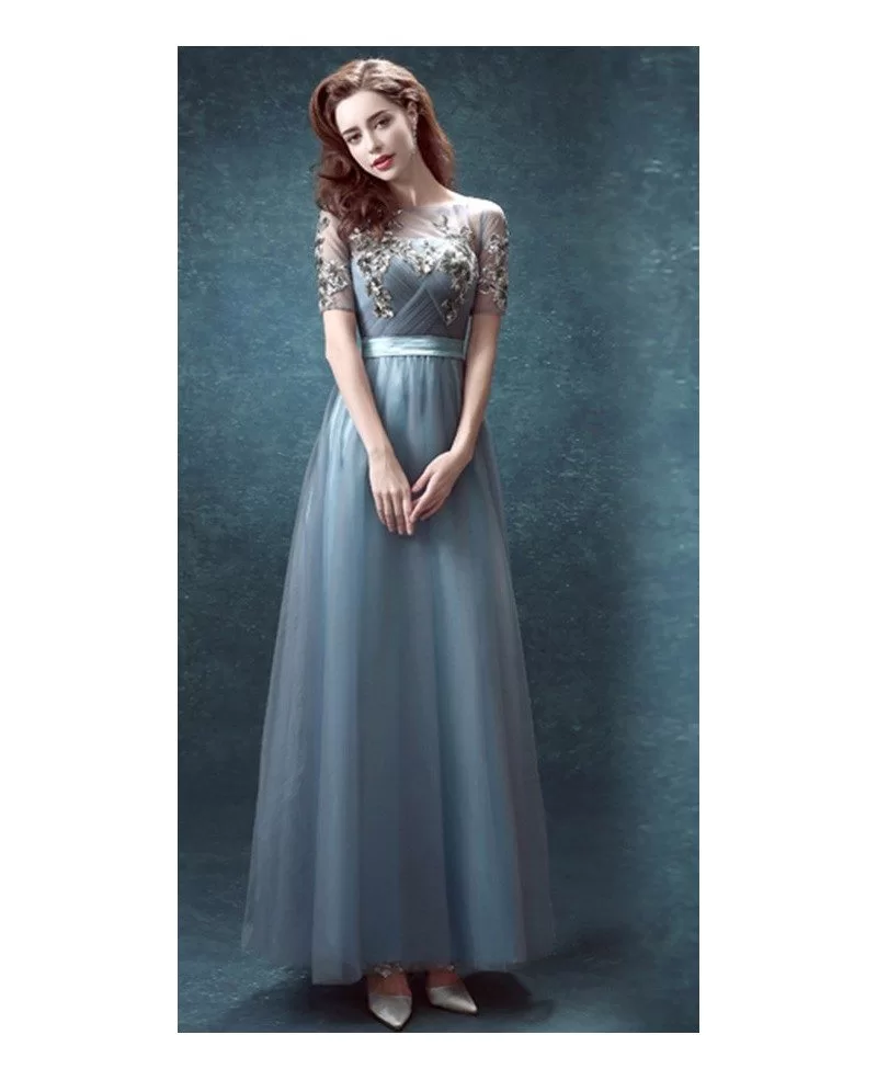 Elegant Ink Blue Sleeve Pleated Prom Dress Long With Sequin Applique  Wholesale #T69607 - GemGrace.com