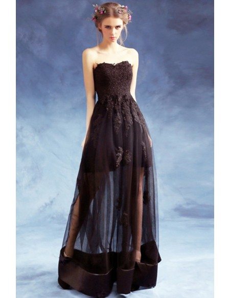 Strapless Black Long Lace Party Dress With Sheer Tulle Skirt