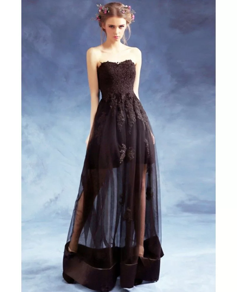 Strapless Black Long Lace Party Dress With Sheer Tulle Skirt Wholesale ...