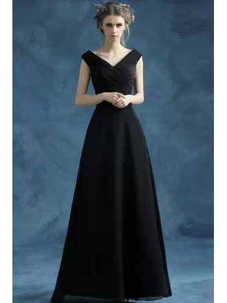Simple Black Long Chiffon Evening Dress With Pleated V Neck