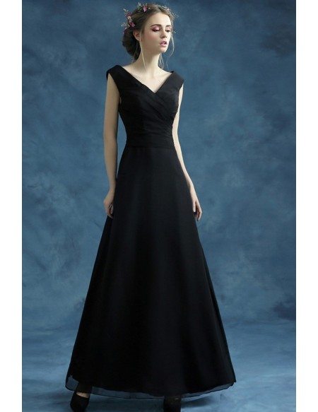 Simple Black Long Chiffon Evening Dress With Pleated V Neck