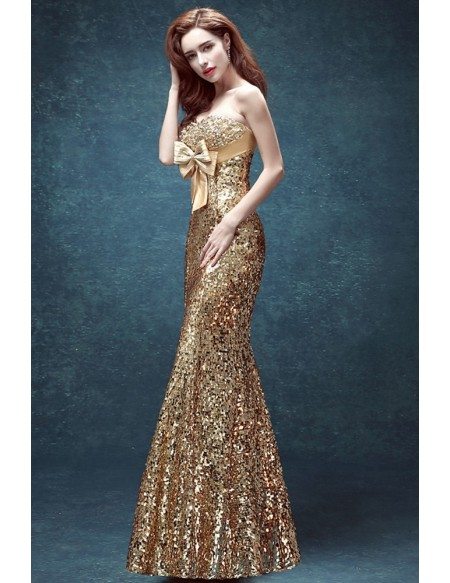 Luxury Sparkly Gold Tight Mermaid Prom Dress Strapless With Bow