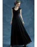 Vintage Black Chiffon Long Evening Dress With Lace Bodice