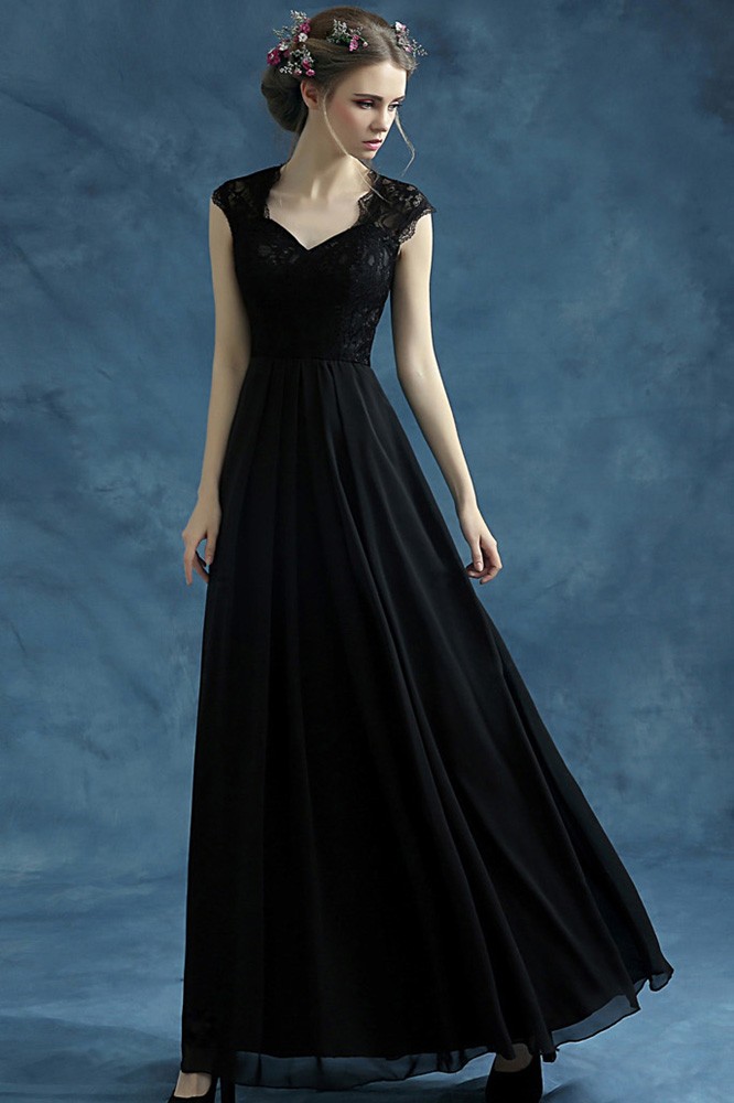 Vintage Black Chiffon Long Evening Dress With Lace Bodice Wholesale #T69612 - GemGrace.com Vintage Black Chiffon Long Evening Dress With Lace Bodice Wholesale #T69612 - GemGrace.com
