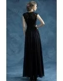 Vintage Black Chiffon Long Evening Dress With Lace Bodice