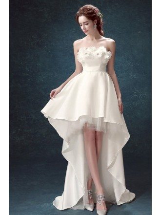 Strapless White Satin Floral Prom Party Dress In High Low Style