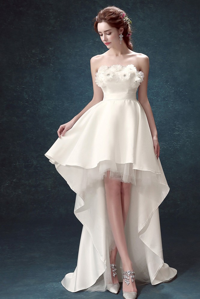 Strapless White Satin Floral Prom Party Dress In High Low Style ...