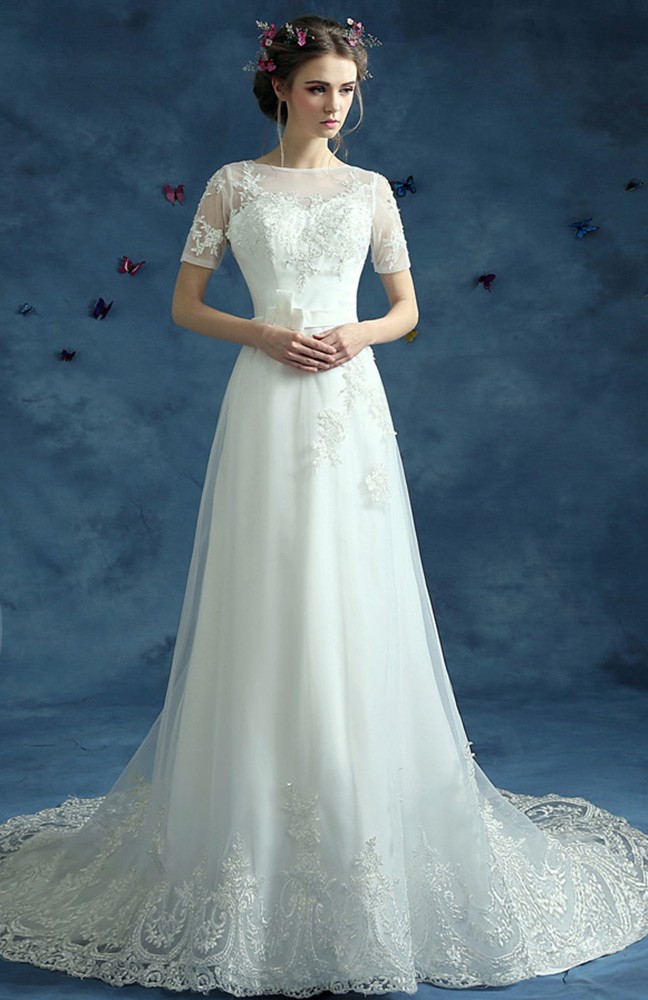 Modest Graceful Lace Long Wedding Dress Train With Short Sleeves