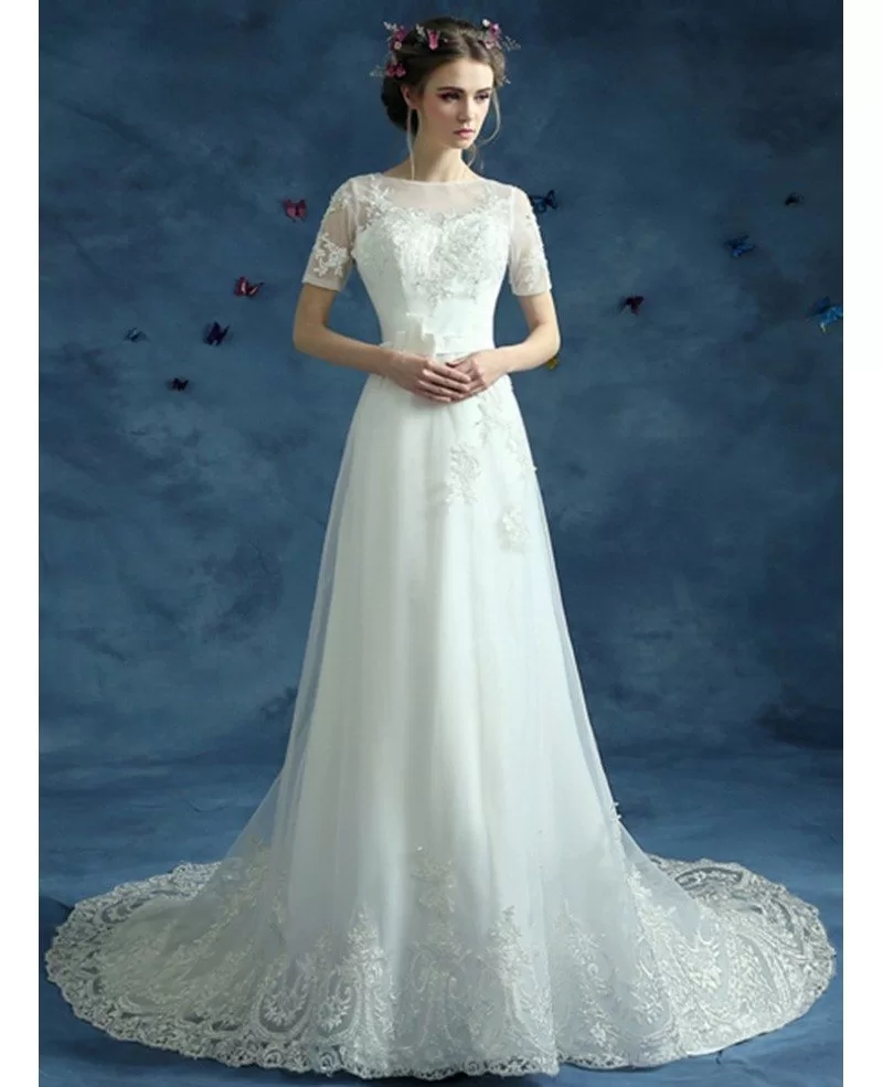 Modest Graceful Lace Long Wedding Dress Train With Short
