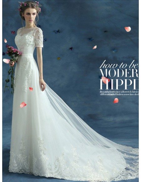 Modest Graceful Lace Long Wedding Dress Train With Short Sleeves