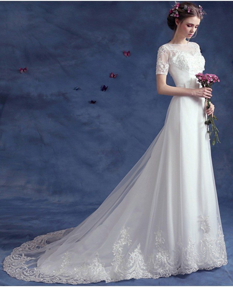Modest Graceful Lace Long Wedding Dress Train With Short Sleeves Wholesale  #T69616 